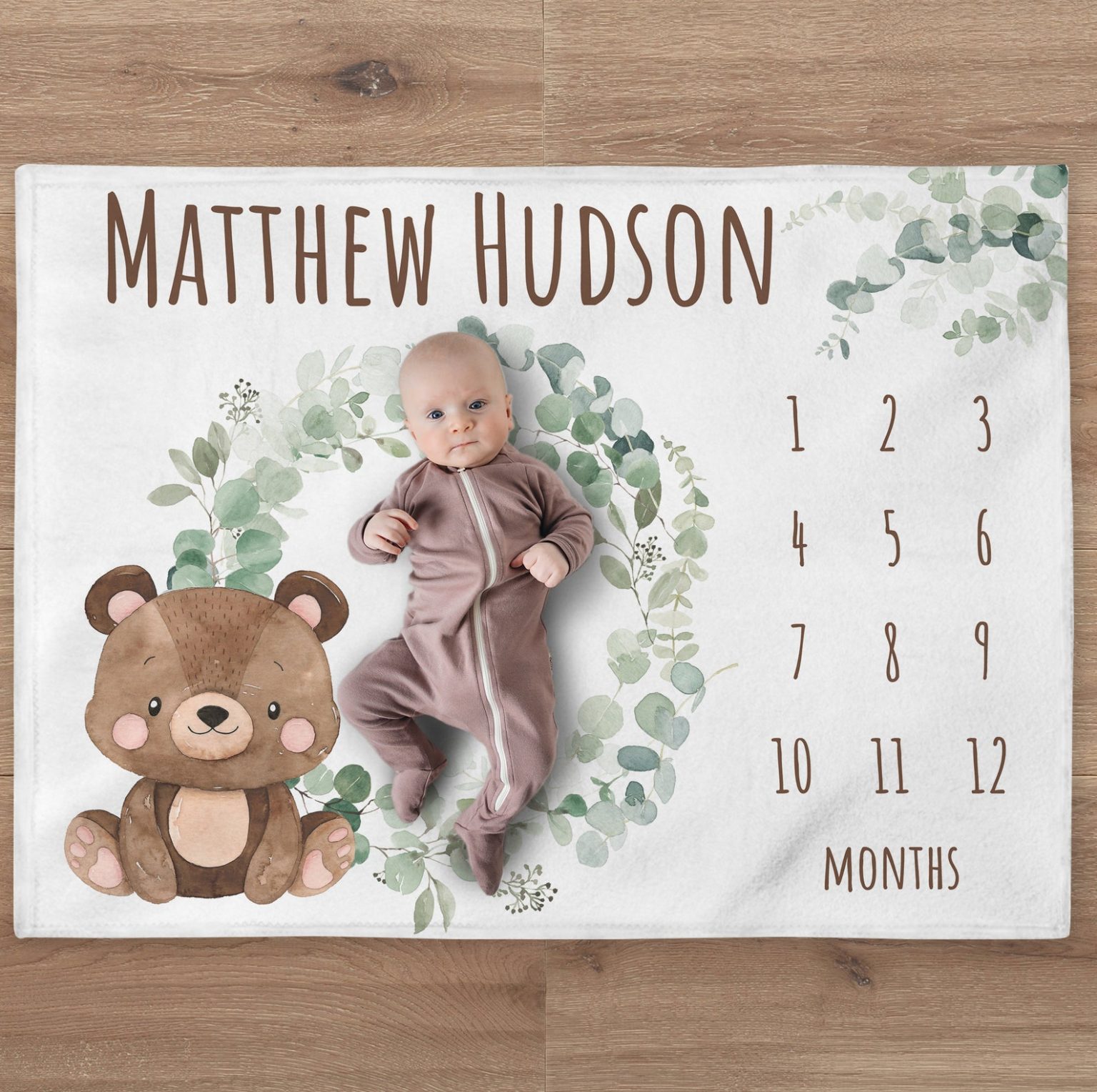 Personalized Monthly Milestone Baby Blanket Boy Cow Greenery Wreath