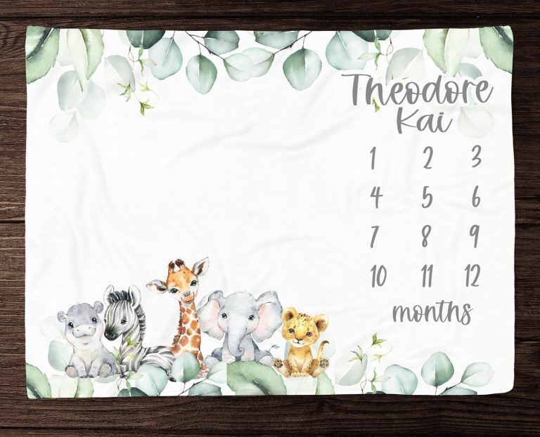 Personalized Monthly Milestone Baby Blanket Boy Watercolor Safari Animals Soft And Warm Fleece