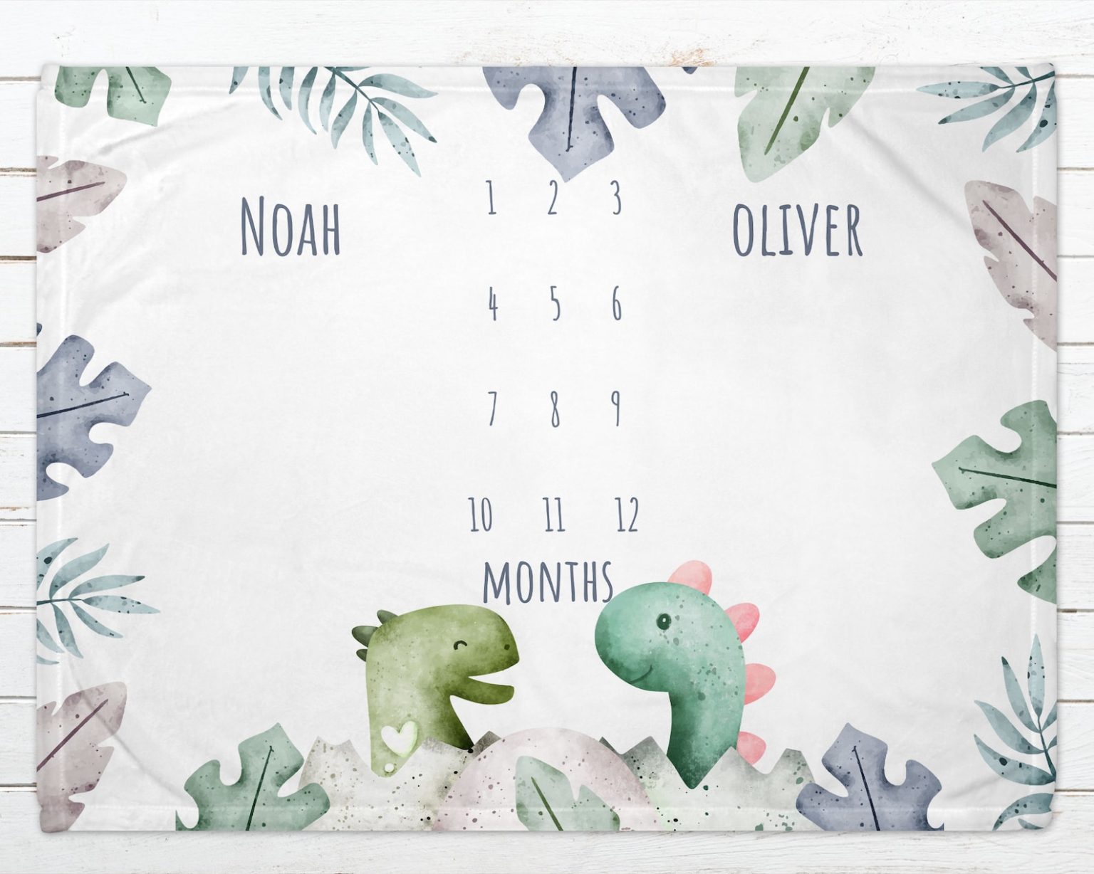 Personalized Twins Milestone Baby Blanket Dinosaurs Watercolor Animal